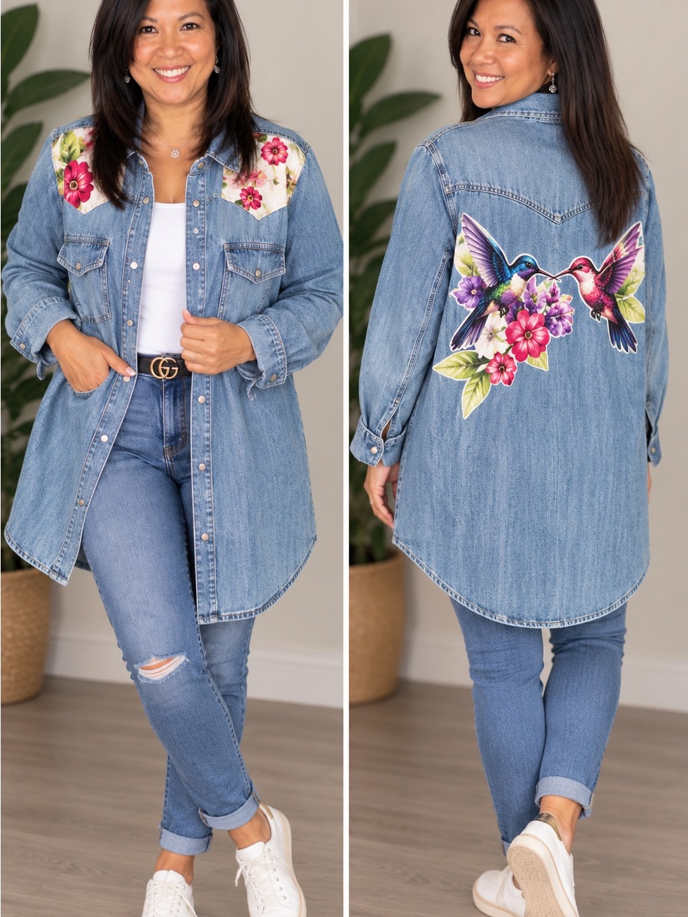 Second Chance by Aloha XL Hummingbird Floral Denim Shirt Jacket